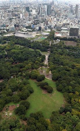 蚊からデングウイルスが検出されたのを受け、大半が閉鎖され、閑散とする代々木公園。公園に隣接する写真右端には感染者が確認されたＮＨＫ放送センターの建物も見える＝２０１４年９月４日午後、東京都渋谷区（共同通信社ヘリから撮影）