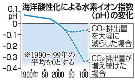 海洋酸性化による水素イオン指数（ｐＨ）の変化＜１９００年～２１００年＞＝※１９９０～９９年の平均を０とする