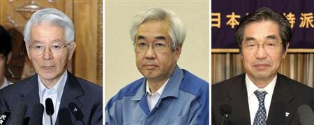 東京電力の勝俣恒久・元会長、武藤栄・元副社長、武黒一郎・元フェロー（左から）