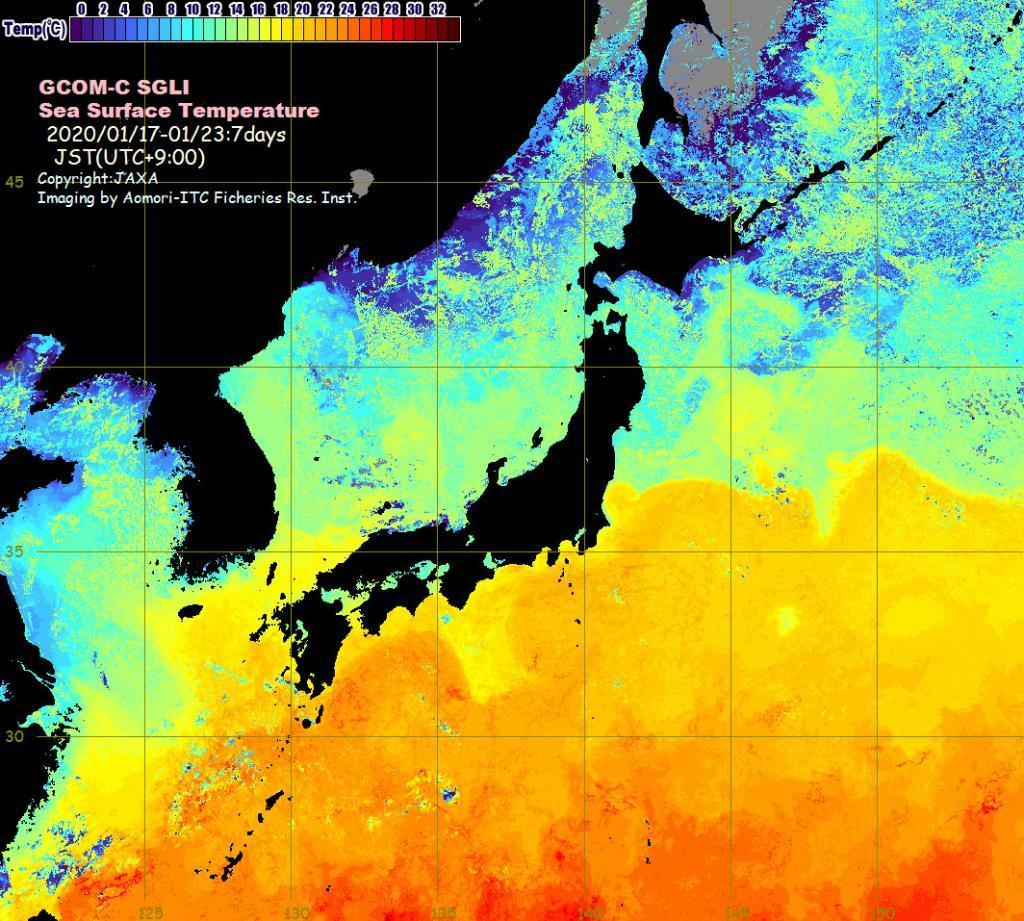 情報サイト「海ナビ＠あおもり」で公開されている衛星データを利用した海温分布図（海ナビ＠あおもりのサイトから）