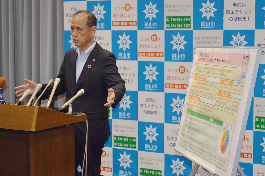 キャンペーンについて発表する岡山市の大森雅夫市長＝６月３０日、岡山市役所