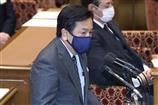 １都３県への緊急事態宣言発令の事前報告を受け、質問する立憲民主党・枝野幸男代表＝７日午後、国会・衆院第１委員室（春名中撮影）